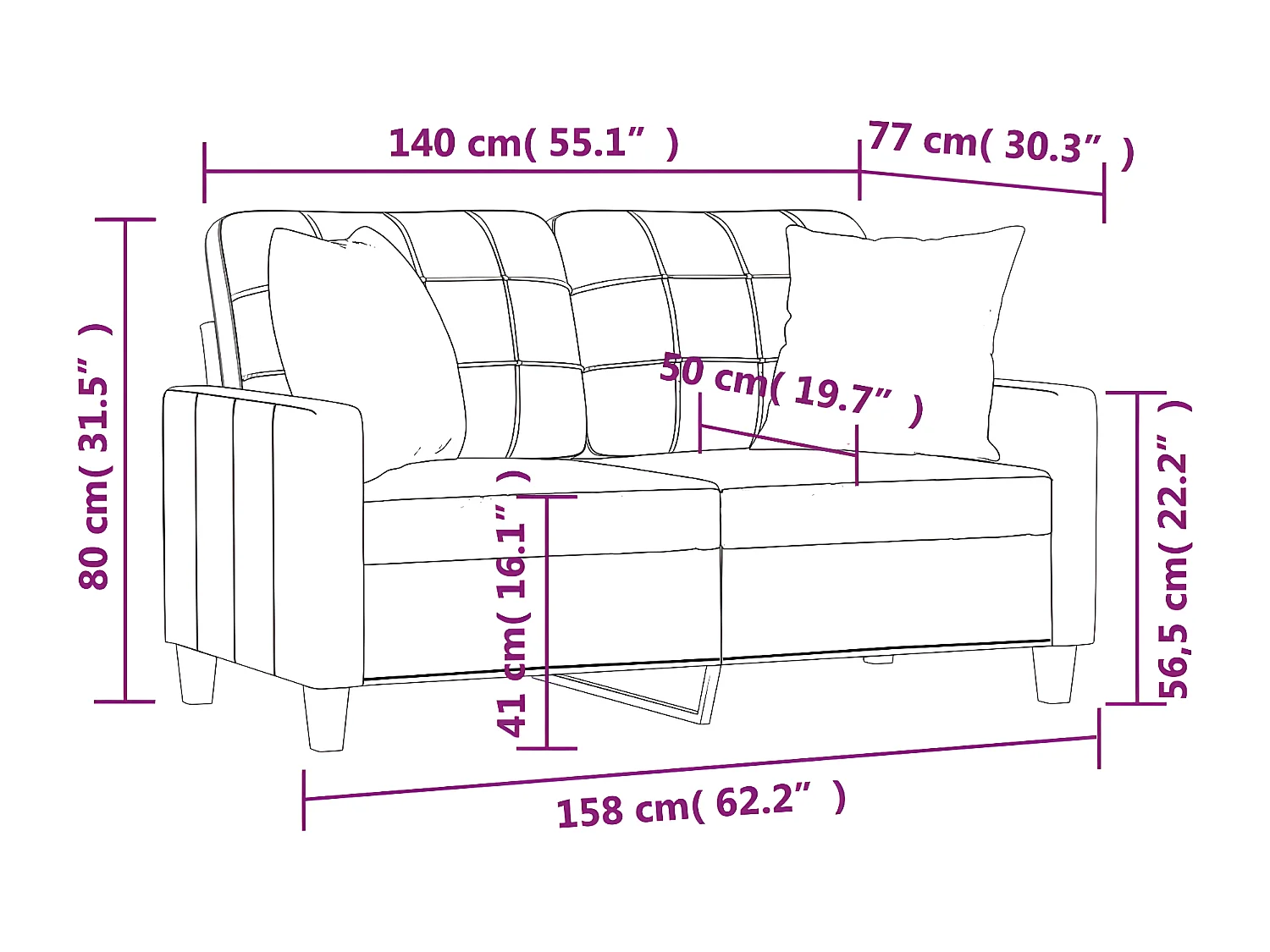 Divano 2 posti con cuscini decorativi grigi 140 cm in ecopelle