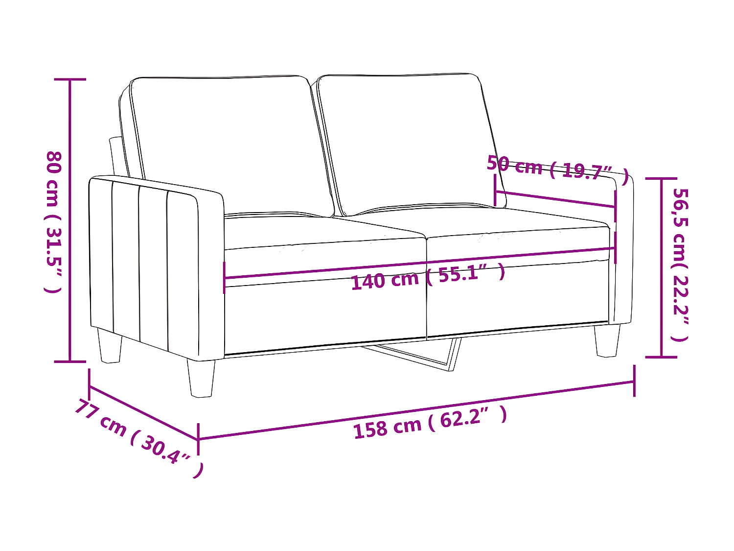 Canapé à 2 places Gris foncé 140 cm Tissu