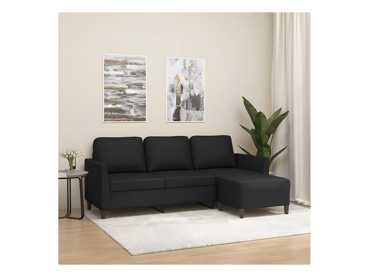 3-zitsbank met voetensteun Zwart 180 cm Kunstleer