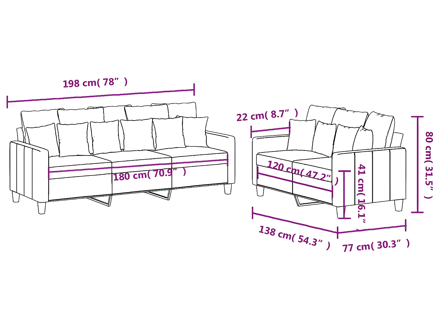 Set divano 2 pezzi con cuscini in tessuto grigio scuro