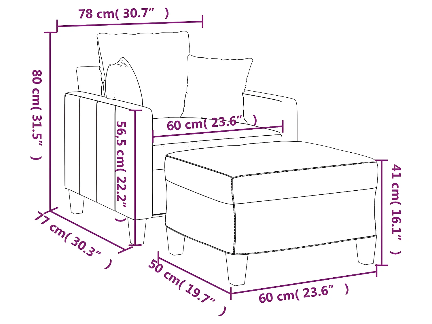 Fauteuil avec repose-pied Noir 60 cm Tissu