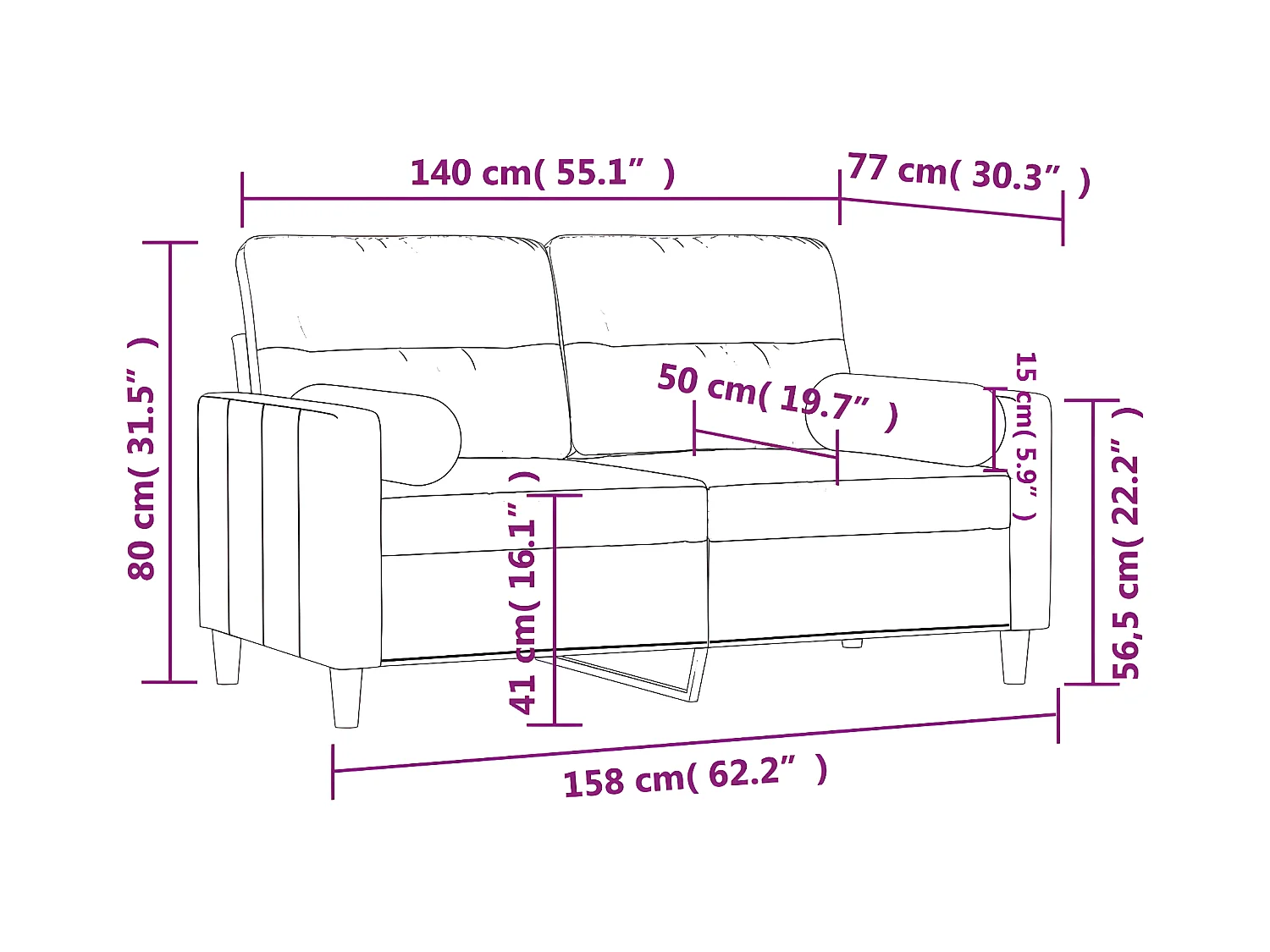 2-zitsbank met donkergrijze kussens 140 cm stof