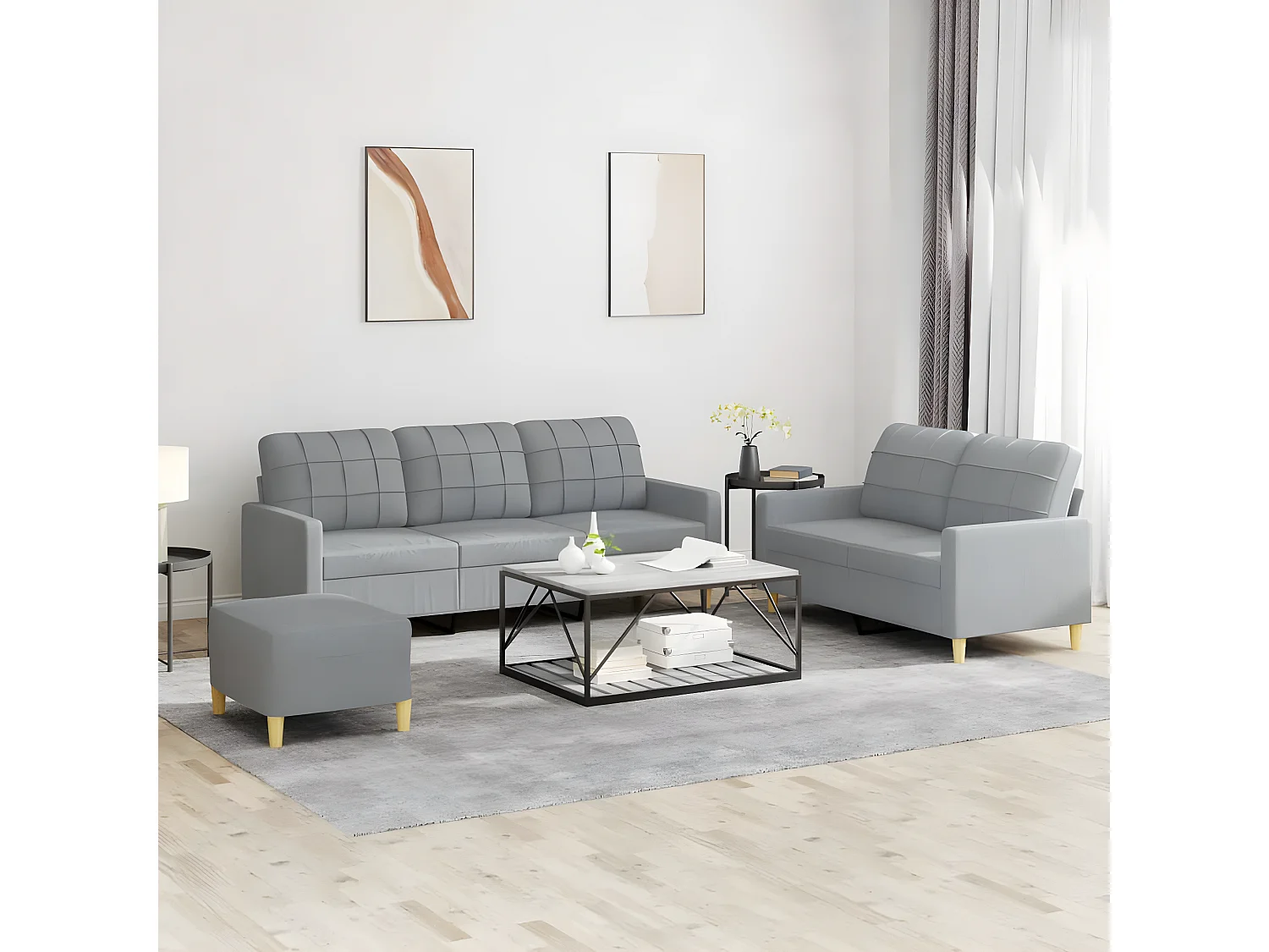 3-teiliges Sofaset mit Kissen aus hellgrauem Stoff