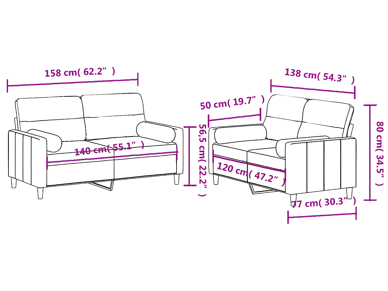 Ensemble de canapés 2 pcs coussins gris foncé tissu
