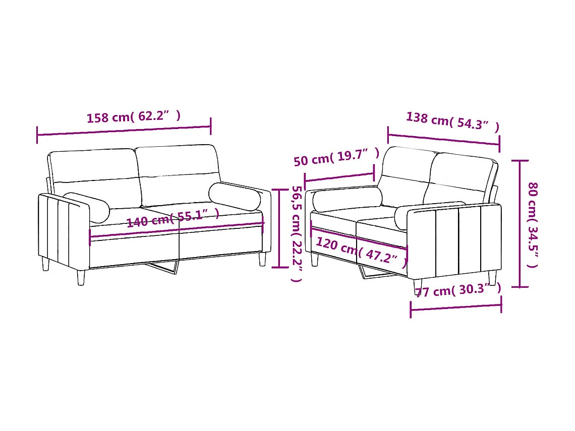 Ensemble de canapés 2 pcs coussins gris foncé tissu