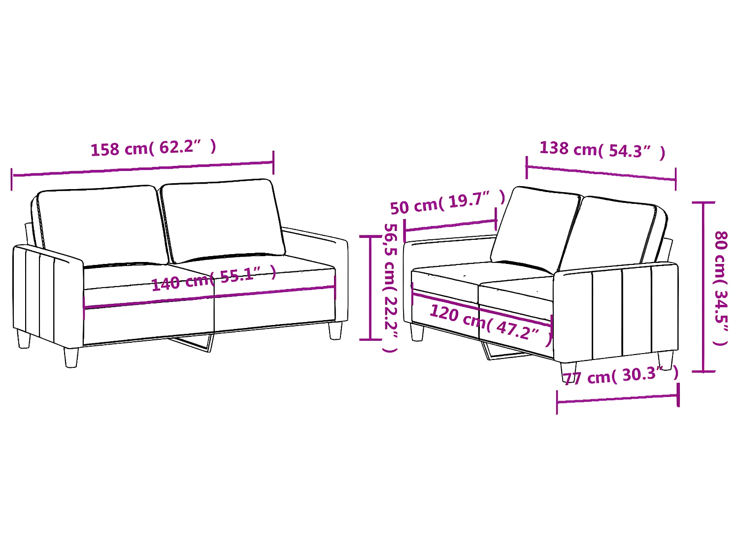 Set divano 2 pezzi con cuscini in tessuto grigio scuro