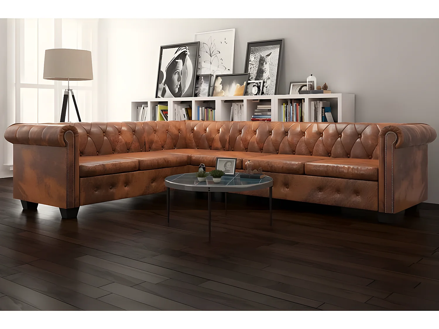 Canapé d'angle Chesterfield 6 Places Cuir artificiel Marron