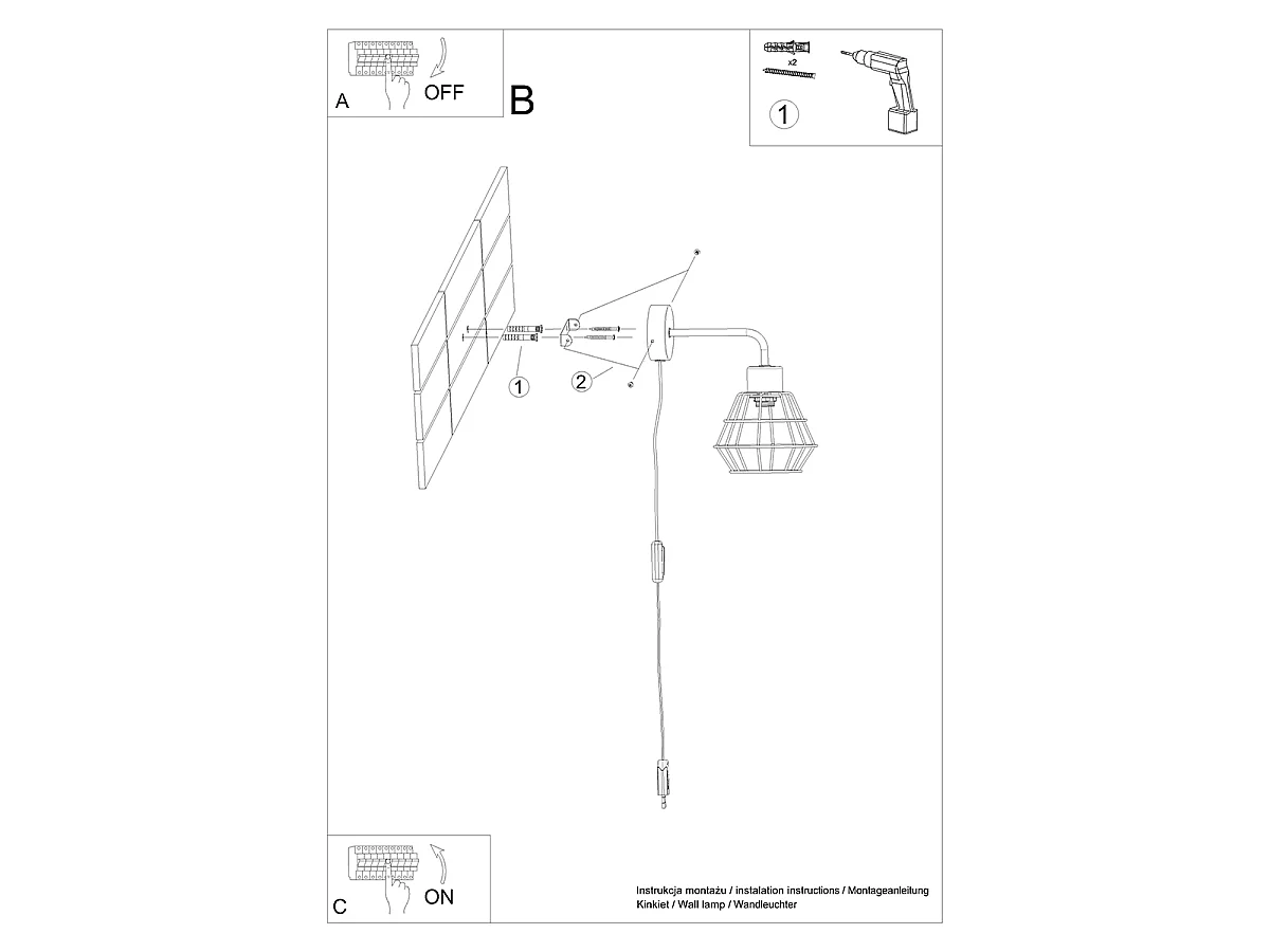 Kinkiet industrialny SUBA, stal - 1 źródło - L.15 x H.23 cm - czarny