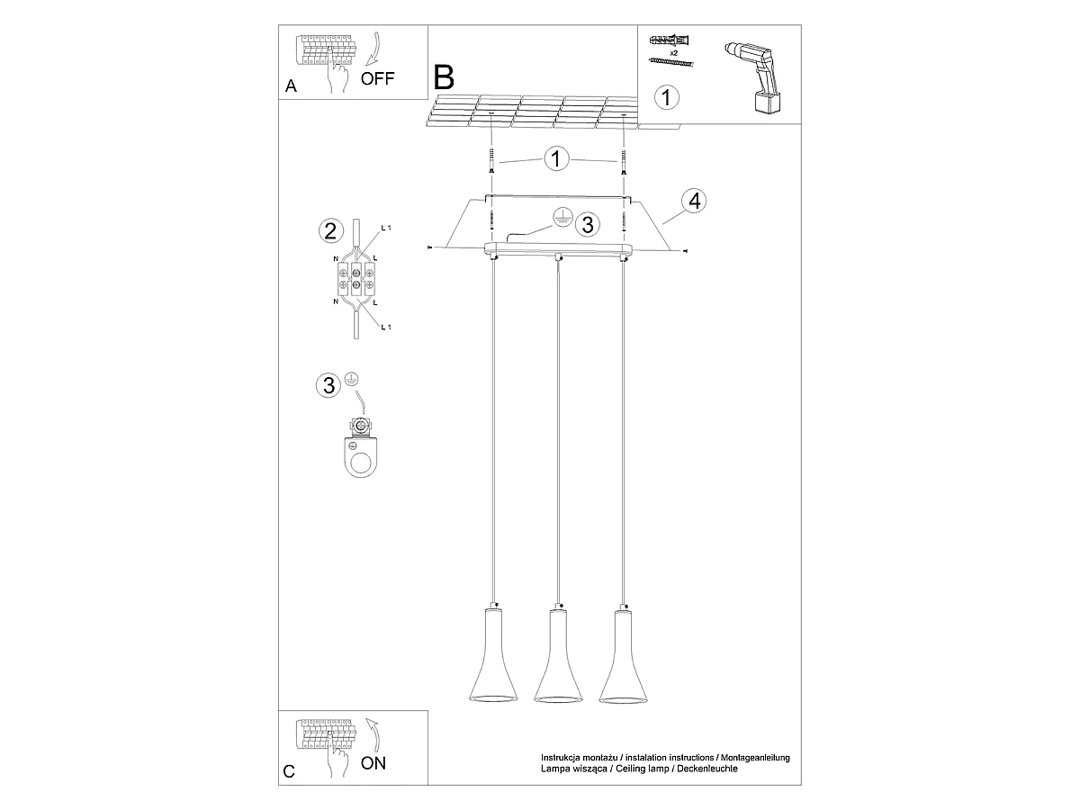 Lampe Suspendues Rea Moderne En Béton - 3 Sources Lumineuses - L.46 X H.110 Cm - Gris