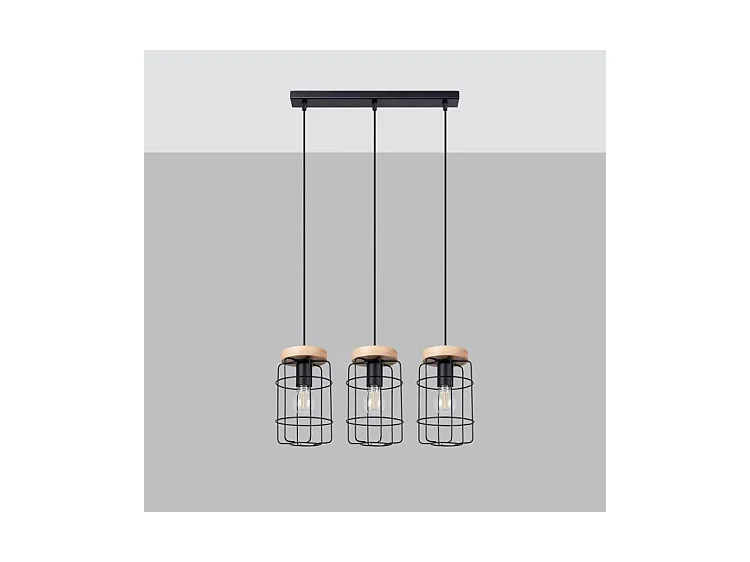 Lampes Suspendues Gotto Industriel En Acier/Bois - 3 Sources Lumineuses - L.60 X H.115 Cm - Bois Noir