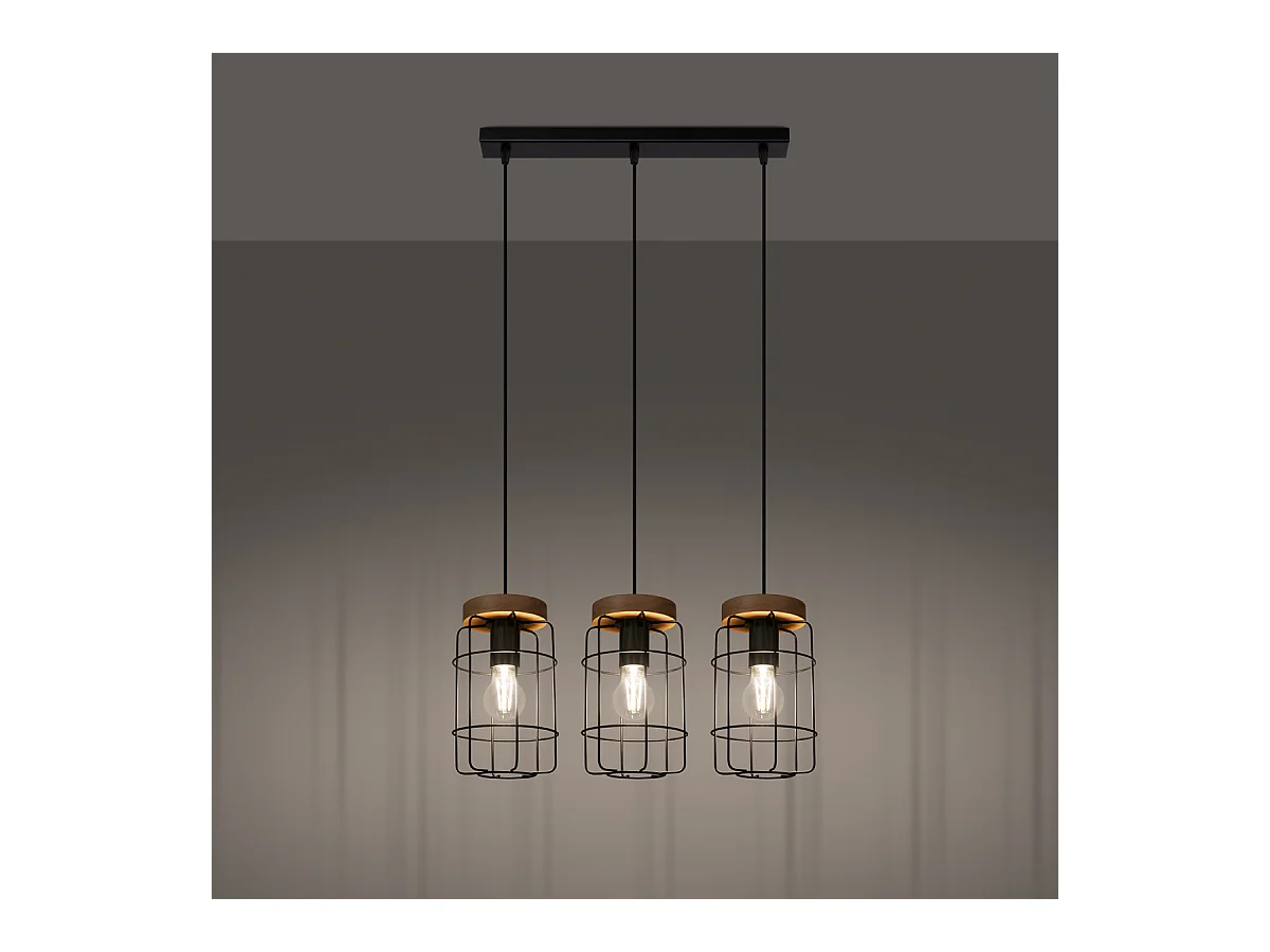 Lampes Suspendues Gotto Industriel En Acier/Bois - 3 Sources Lumineuses - L.60 X H.115 Cm - Bois Noir