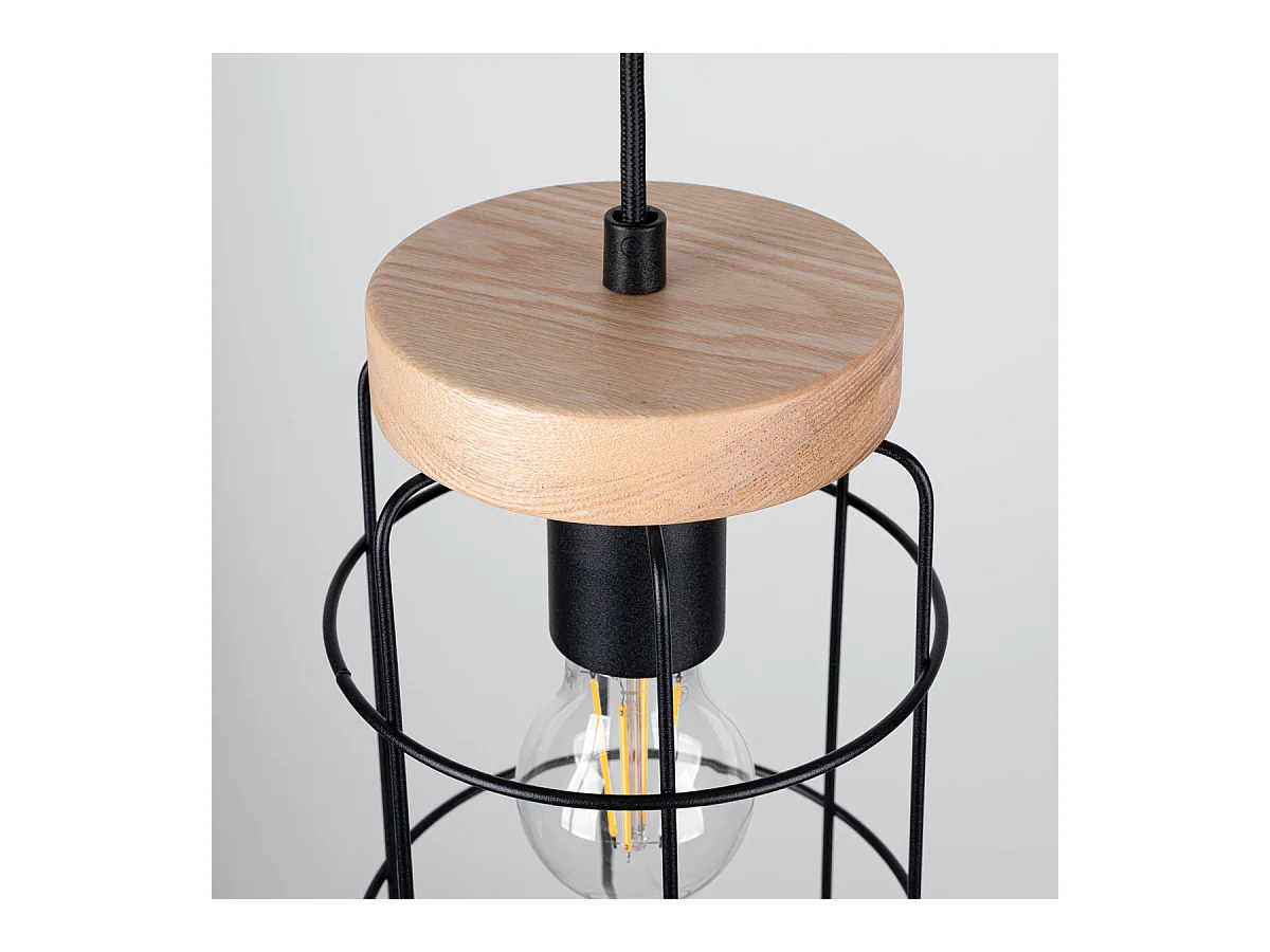 Lampes Suspendues Gotto Industriel En Acier/Bois - 3 Sources Lumineuses - L.60 X H.115 Cm - Bois Noir