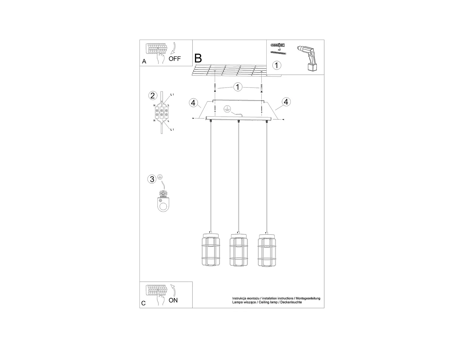 Lampes Suspendues Gotto Industriel En Acier/Bois - 3 Sources Lumineuses - L.60 X H.115 Cm - Bois Noir