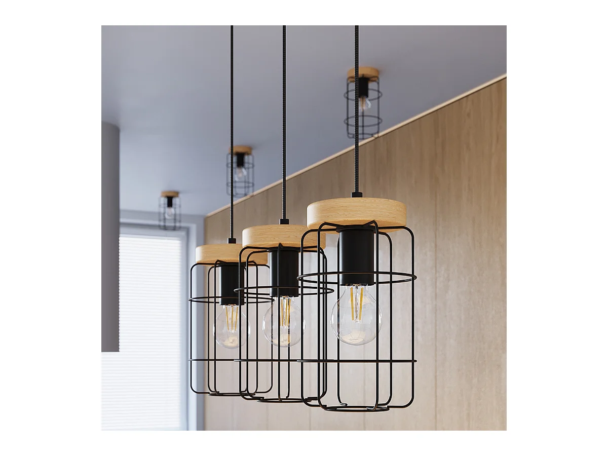 Lampes Suspendues Gotto Industriel En Acier/Bois - 3 Sources Lumineuses - L.60 X H.115 Cm - Bois Noir