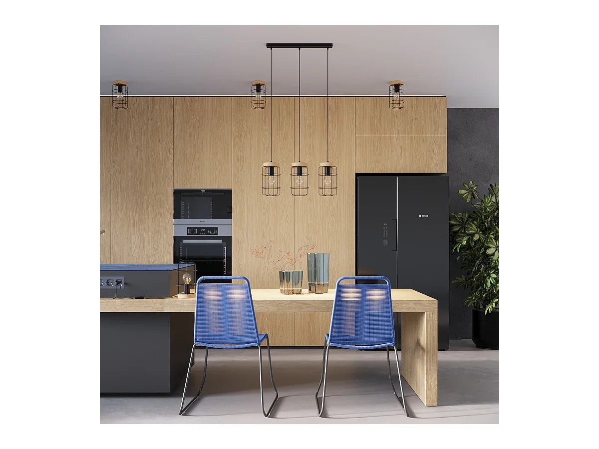 Lampes Suspendues Gotto Industriel En Acier/Bois - 3 Sources Lumineuses - L.60 X H.115 Cm - Bois Noir