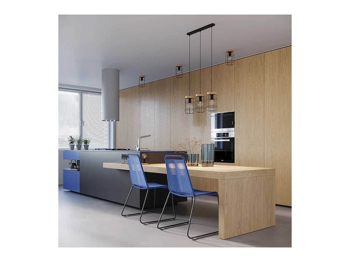 Lampes Suspendues Gotto Industriel En Acier/Bois - 3 Sources Lumineuses - L.60 X H.115 Cm - Bois Noir