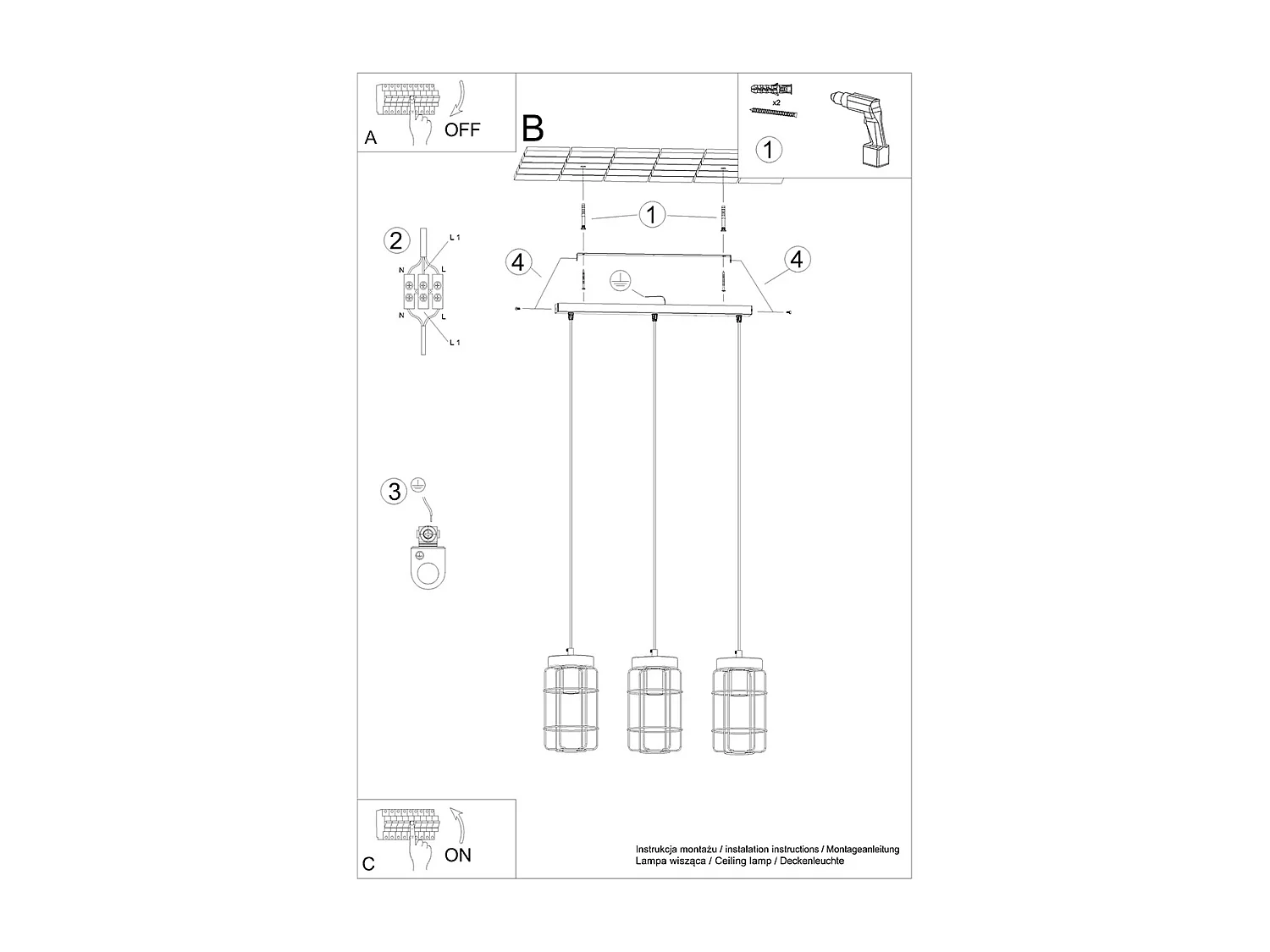 Lampes Suspendues Gotto Industriel En Acier/Bois - 3 Sources Lumineuses - L.60 X H.115 Cm - Bois Noir