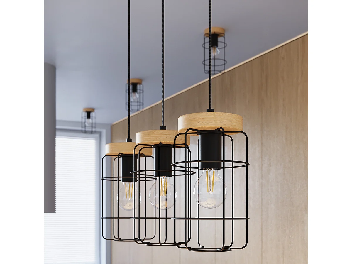 Lampes Suspendues Gotto Industriel En Acier/Bois - 3 Sources Lumineuses - L.60 X H.115 Cm - Bois Noir