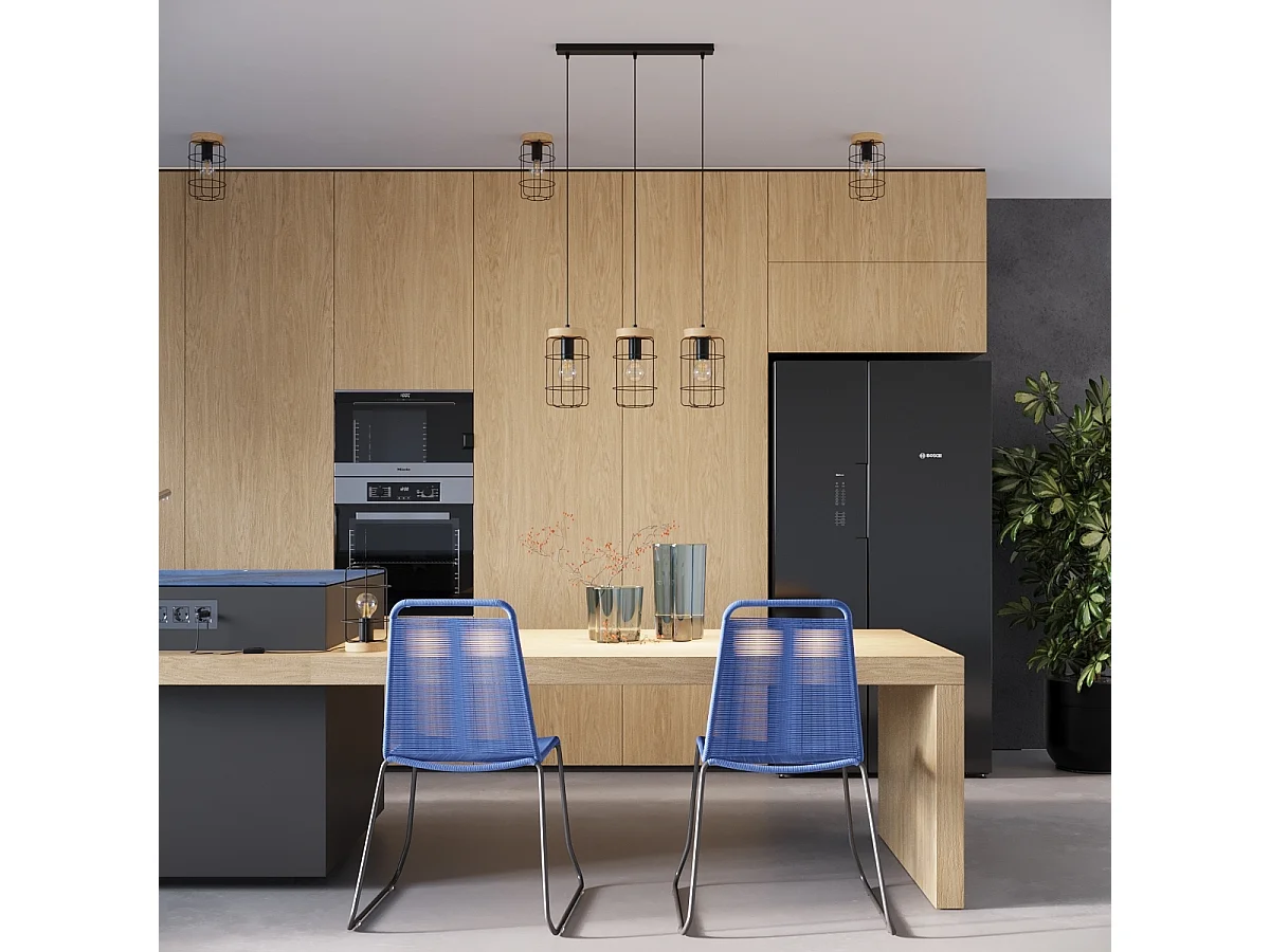 Lampes Suspendues Gotto Industriel En Acier/Bois - 3 Sources Lumineuses - L.60 X H.115 Cm - Bois Noir