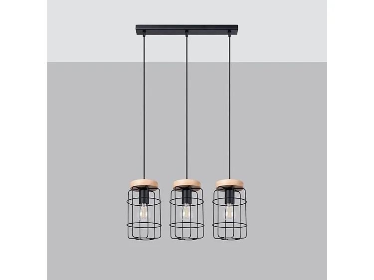 Lampe Suspendues Gotto Industriel En Acier/Bois - 3 Sources Lumineuses - L.60 X H.115 Cm - Bois Noir