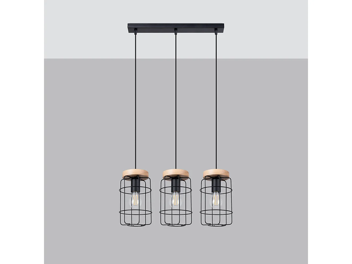 Lampe Suspendues Gotto Industriel En Acier/Bois - 3 Sources Lumineuses - L.60 X H.115 Cm - Bois Noir