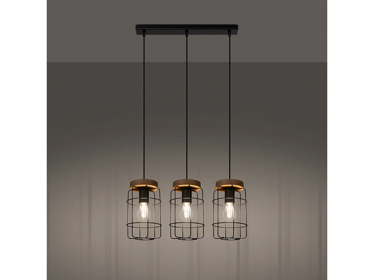 Lampe Suspendues Gotto Industriel En Acier/Bois - 3 Sources Lumineuses - L.60 X H.115 Cm - Bois Noir