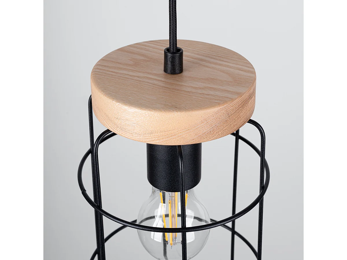 Lampe Suspendues Gotto Industriel En Acier/Bois - 3 Sources Lumineuses - L.60 X H.115 Cm - Bois Noir