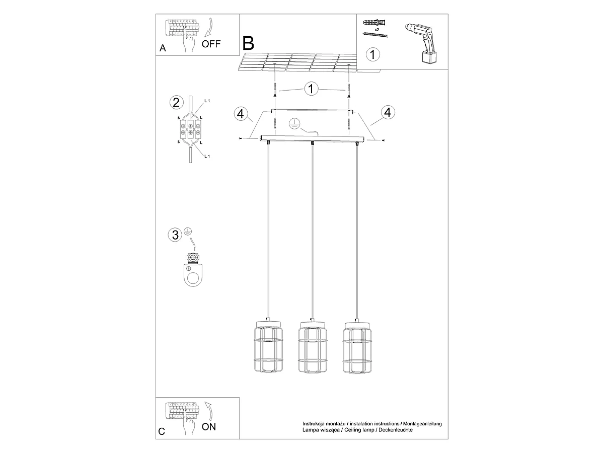 Lampe Suspendues Gotto Industriel En Acier/Bois - 3 Sources Lumineuses - L.60 X H.115 Cm - Bois Noir
