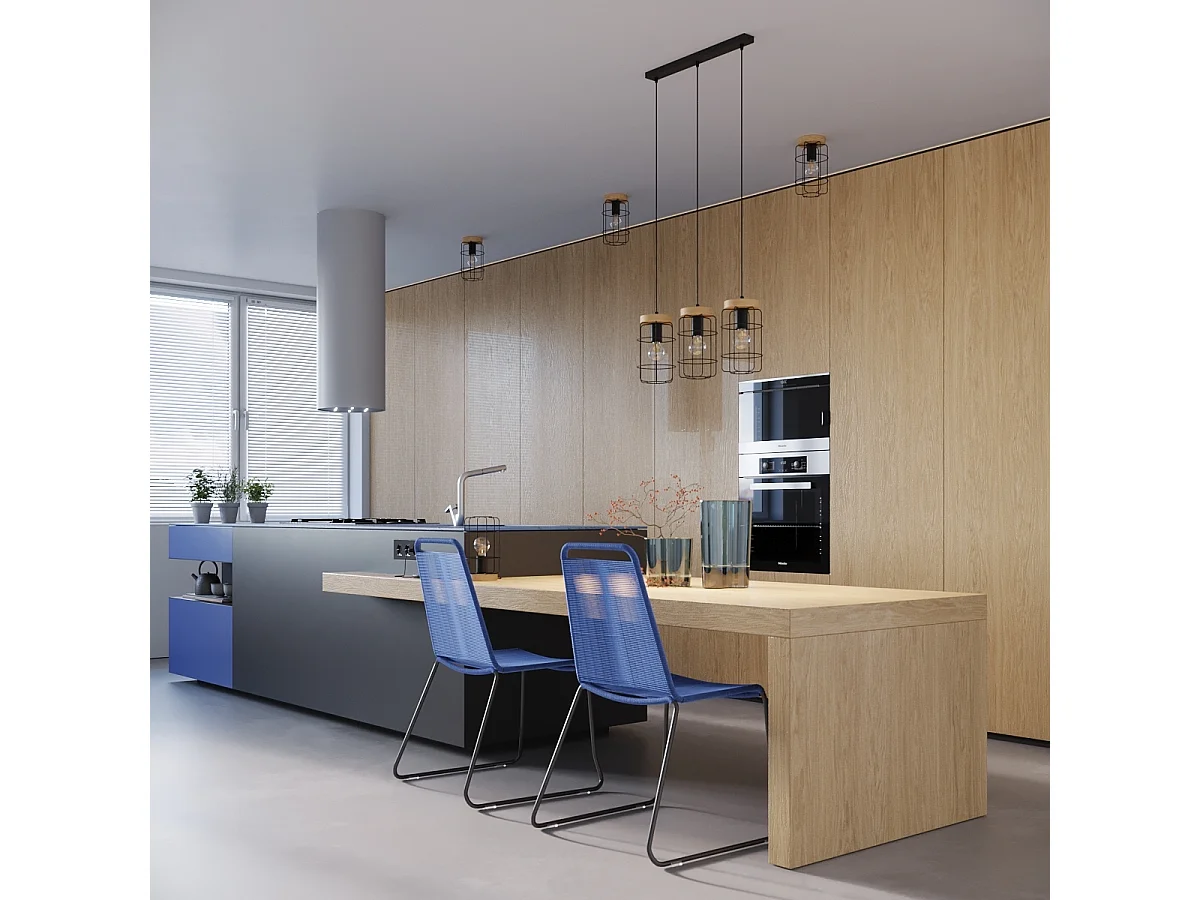 Lampe Suspendues Gotto Industriel En Acier/Bois - 3 Sources Lumineuses - L.60 X H.115 Cm - Bois Noir