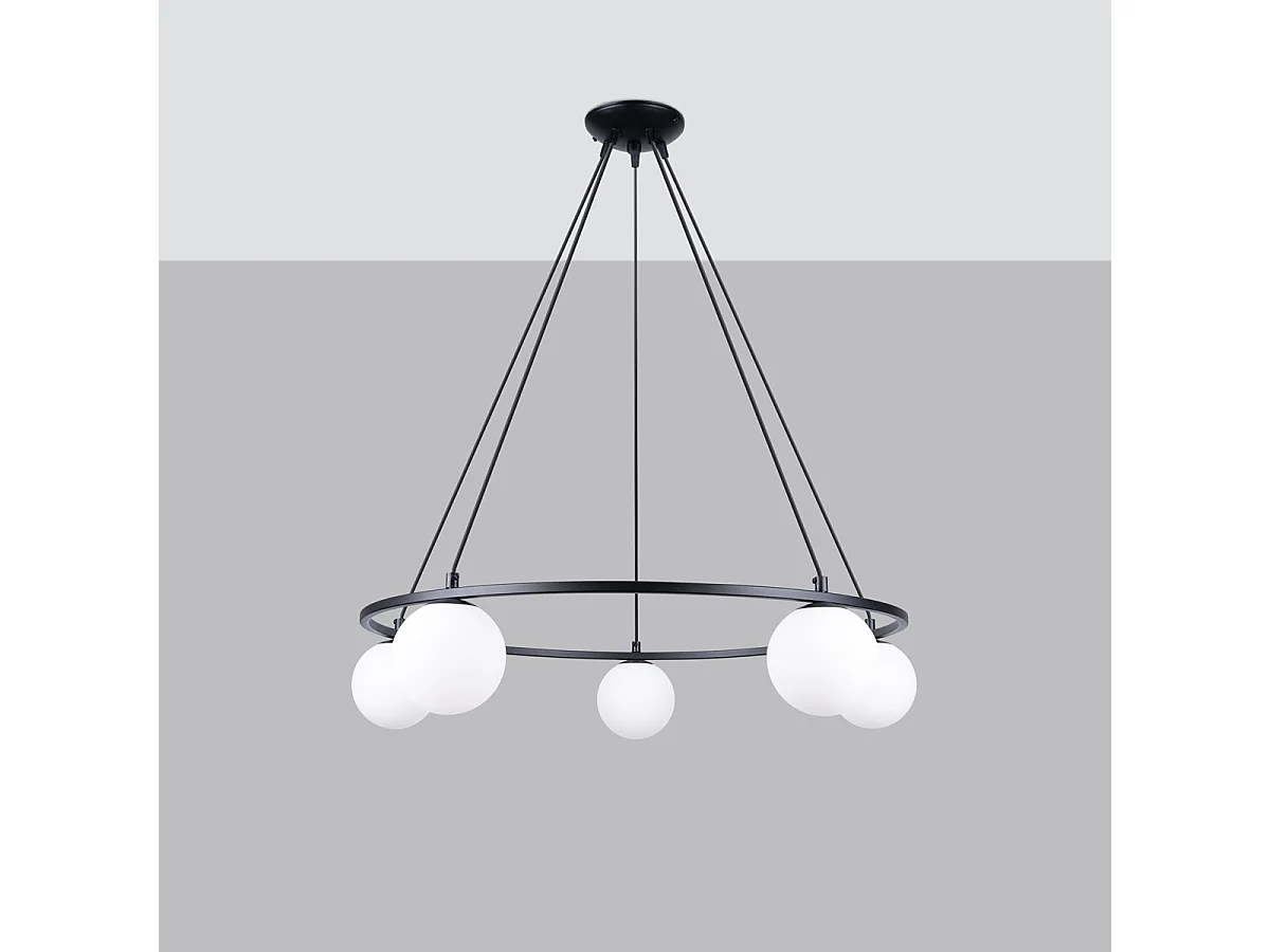 Żyrandol nowoczesny YOLI, stal/szkło - 5 źródło - L.80 x H.98 cm - czarny