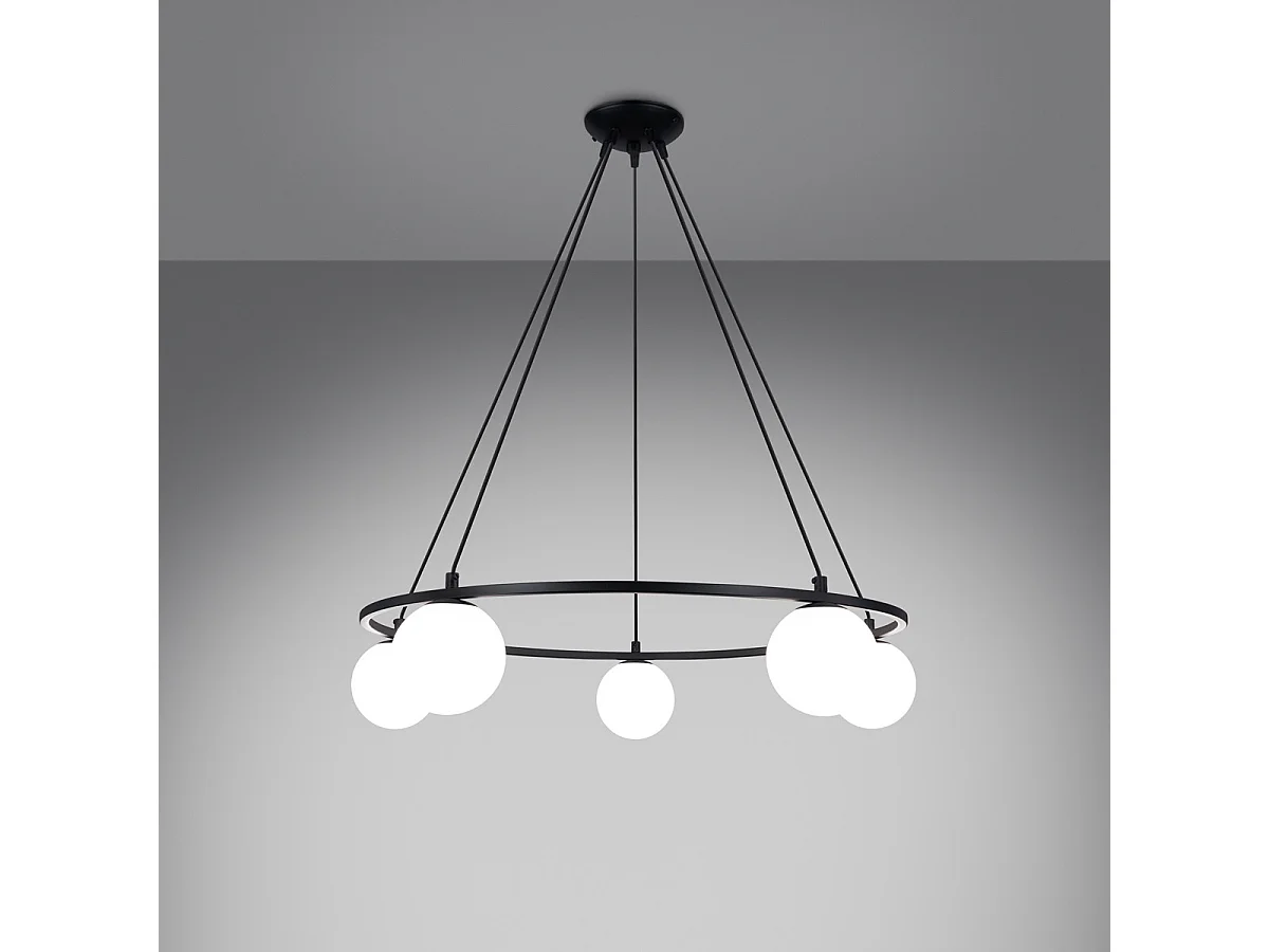 Żyrandol nowoczesny YOLI, stal/szkło - 5 źródło - L.80 x H.98 cm - czarny