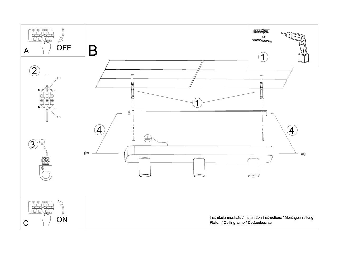 Lampade Da Soffitto Tavo Industriale Di Calcestruzzo - 3 Sorgenti Luminose - L.55 X A.10 Cm - Grigio