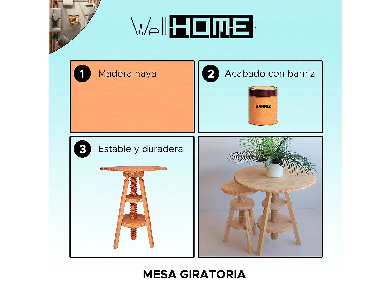 Table pivotante en bois de pin, finition vernie, 59,5x59,5x65 cm