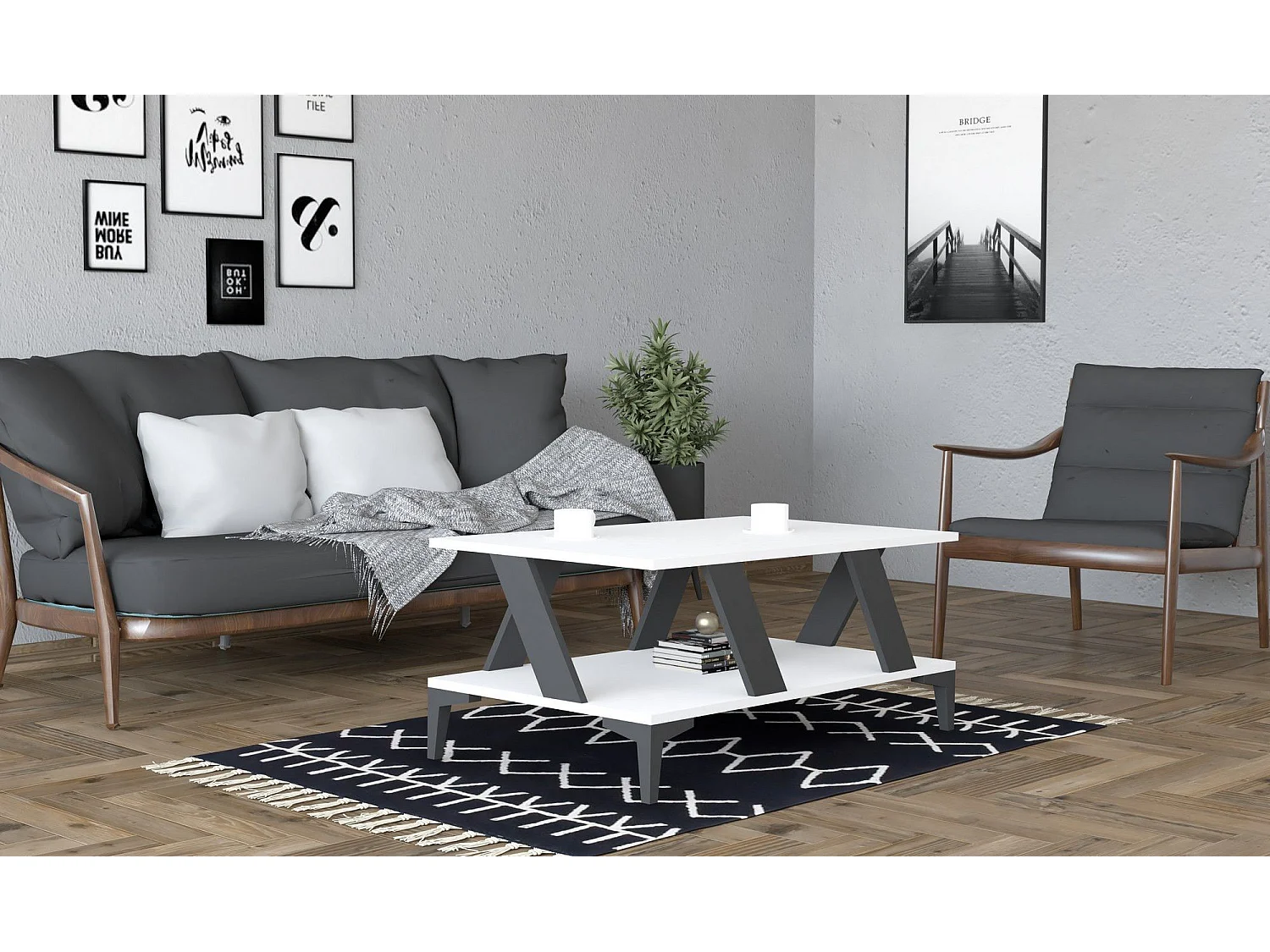 Table basse Goydy 60x100cm Bois Blanc et Anthracite