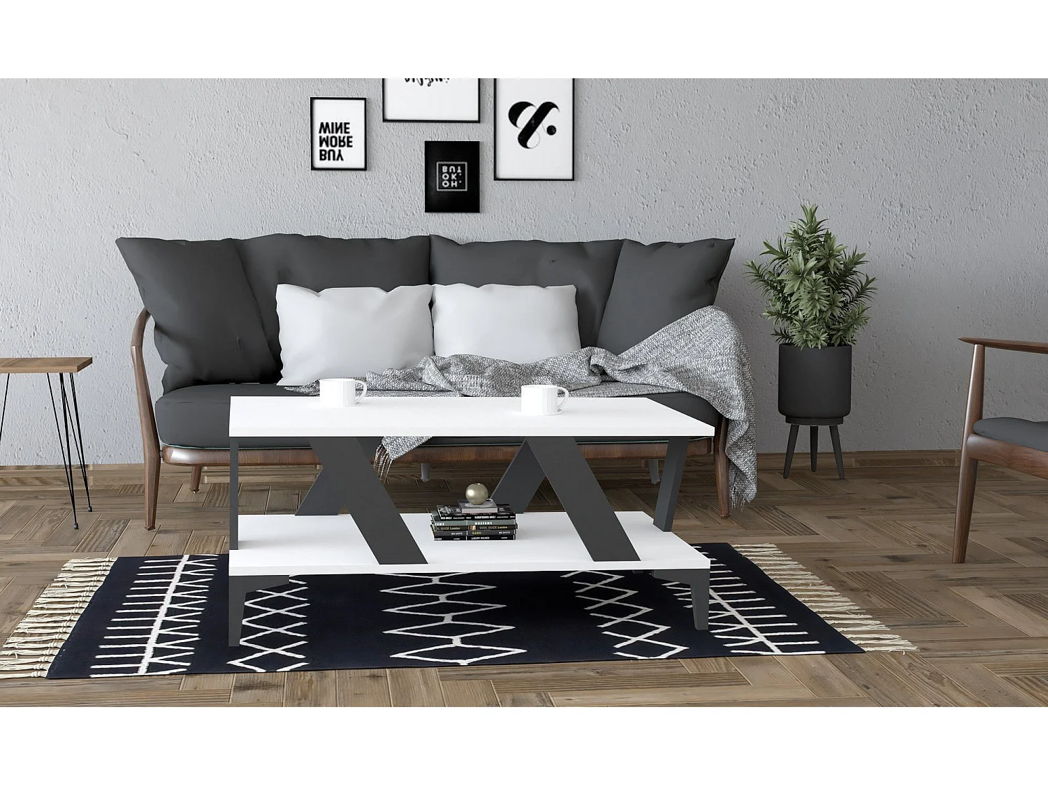 Table basse Goydy 60x100cm Bois Blanc et Anthracite