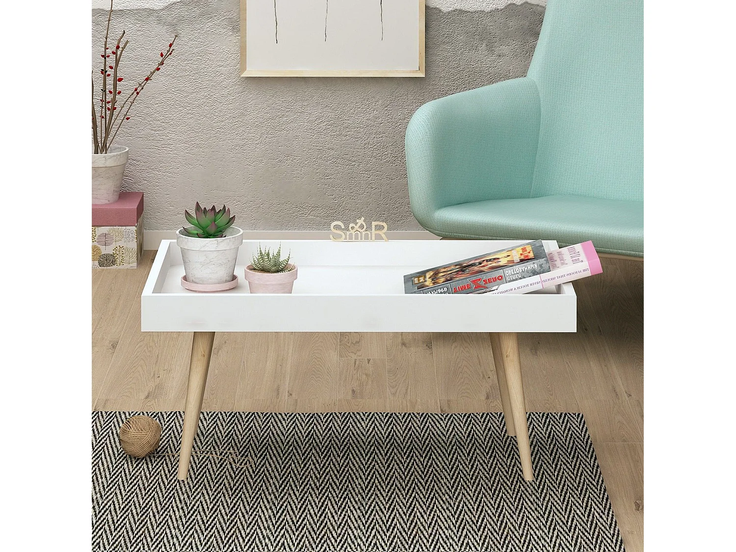 Table basse style scandinave Oryo L80cm Bois clair et Blanc