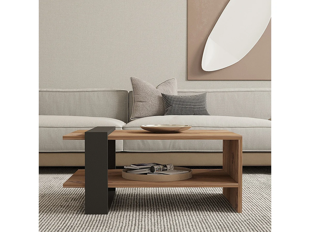 Couchtisch Kailua 80x50 cm dunkles Holz und Anthrazit, modernes bicolor Design, rechteckige Platte 18 mm