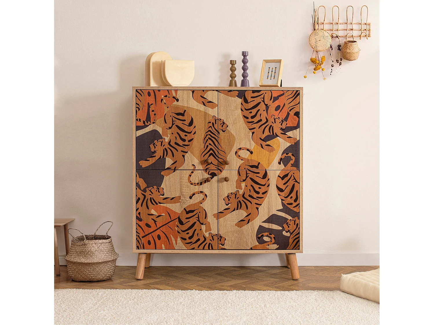 Commode Kaviny L95xH111cm Bois Motif Tigres