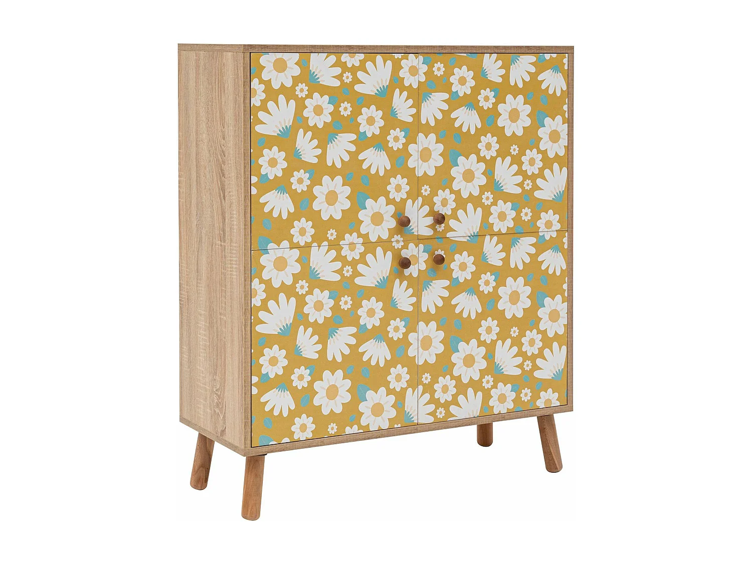 Commode Kaviny L95xH111cm Bois Motif Fleurs Blanc sur fond Jaune