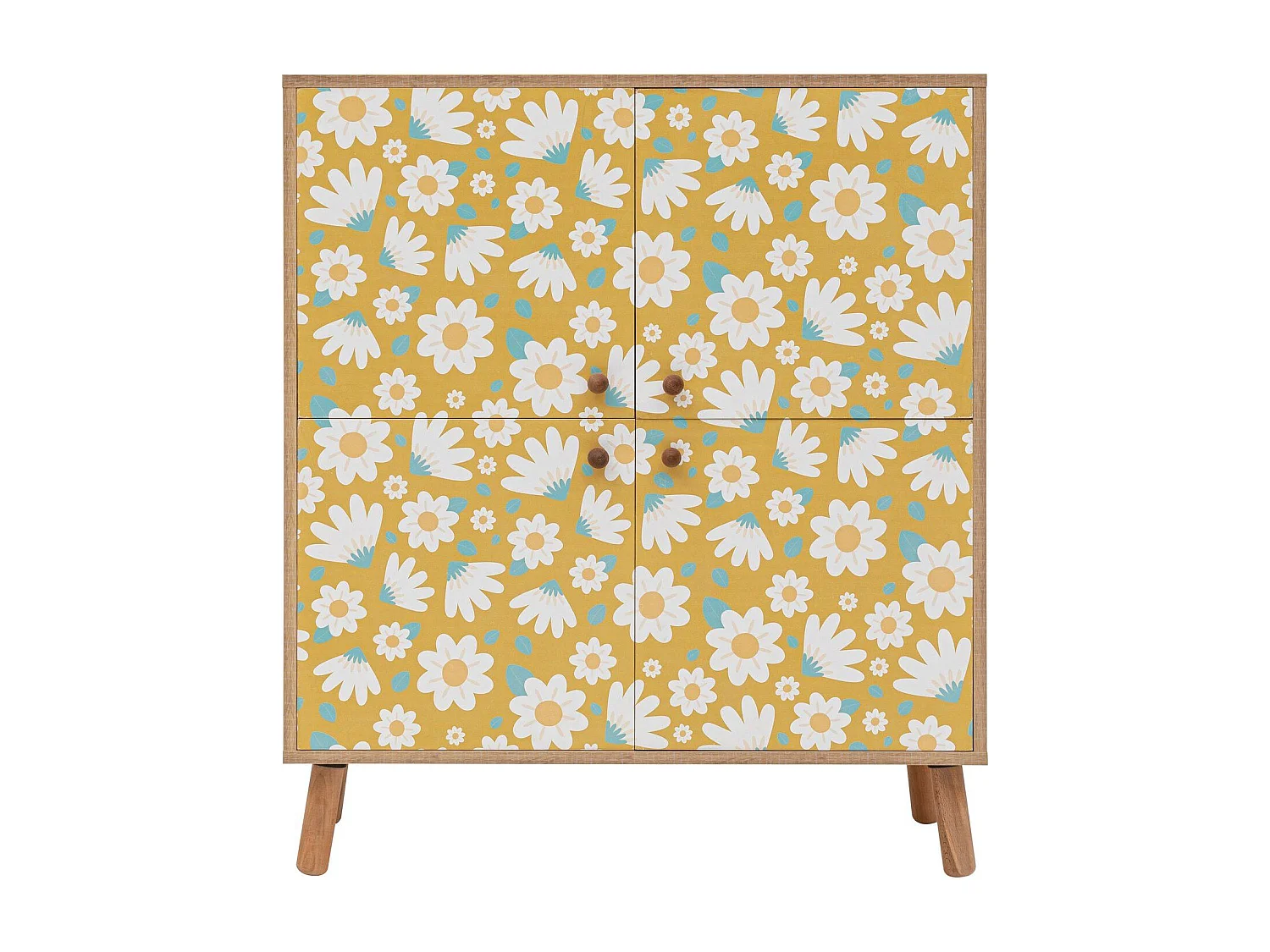 Commode Kaviny L95xH111cm Bois Motif Fleurs Blanc sur fond Jaune
