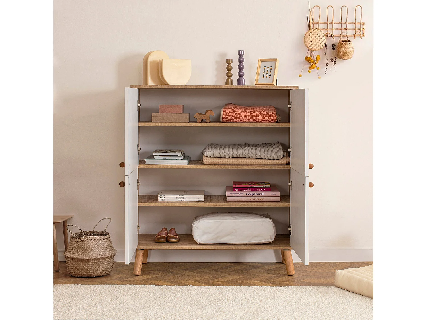 Commode Kaviny L95xH111cm Bois Motif Fleurs Blanc sur fond Jaune