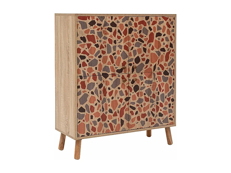 Buffet Kaviny L95xH111cm Bois Motif Abstrait Bleu, Rouge et Orange