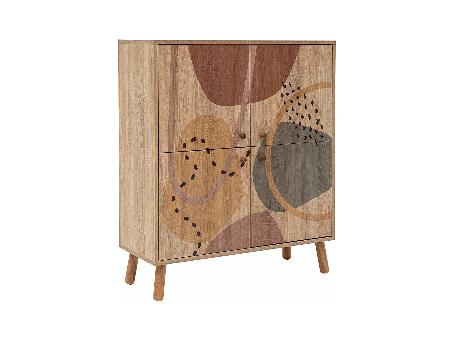 Buffet Kaviny L95xH111cm Bois Motif Abstrait Vert, Jaune et Marron