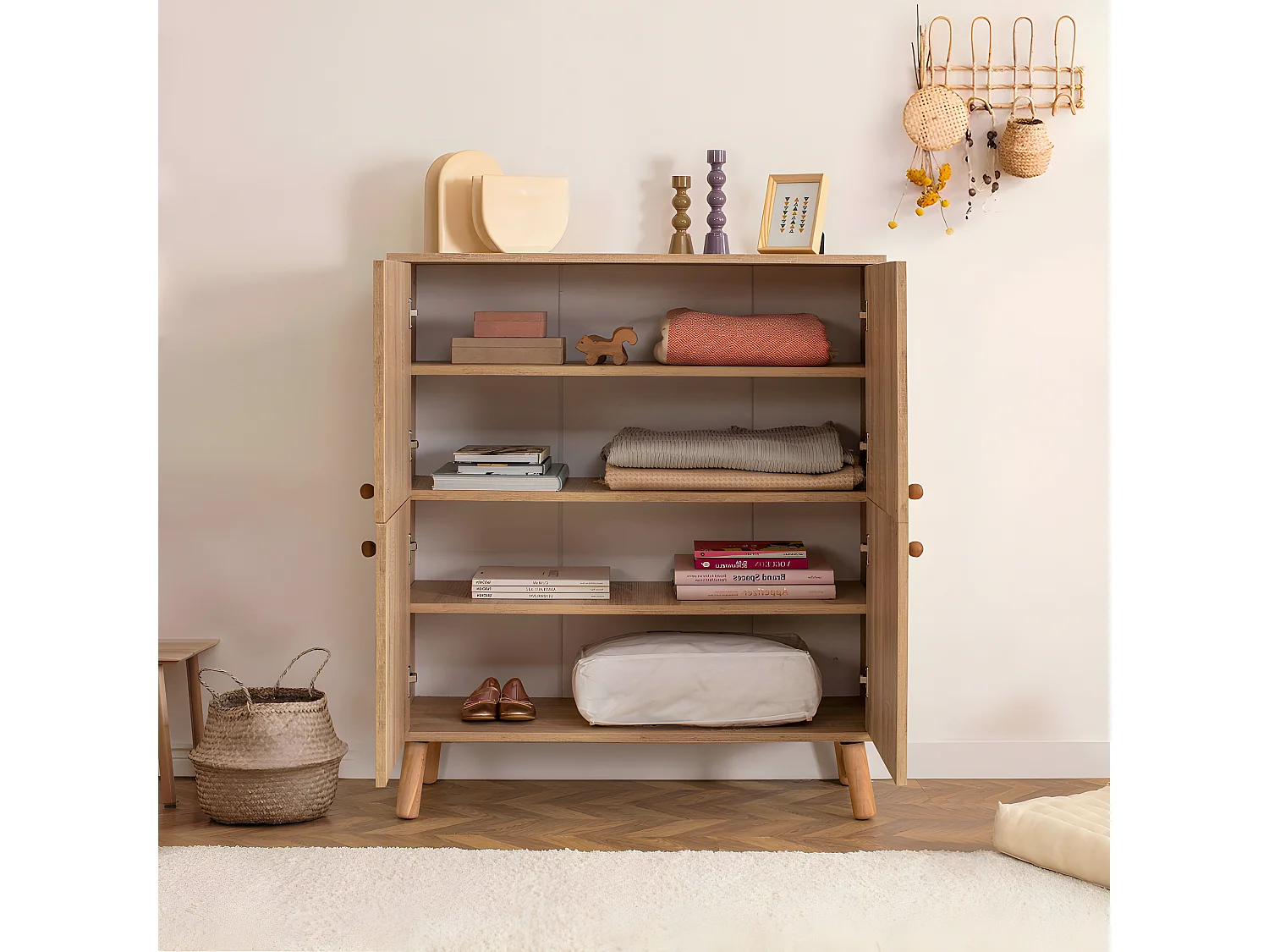 Buffet Kaviny L95xH111cm Bois Motif Abstrait Vert, Jaune et Marron