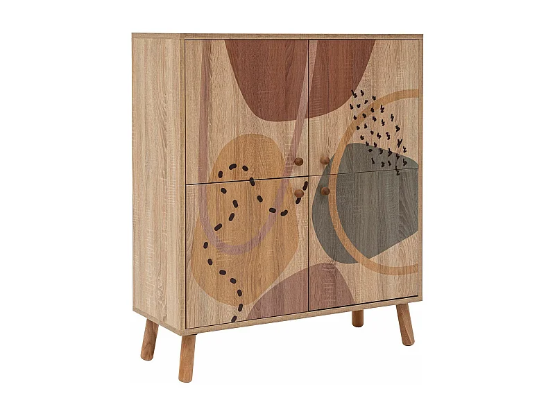 Buffet Kaviny L95xH111cm Bois Motif Abstrait Vert, Jaune et Marron