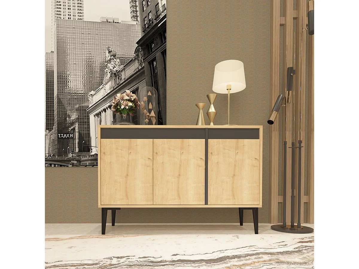 Buffet 3 portes décor chêne et gris anthracite L120 cm - Asude