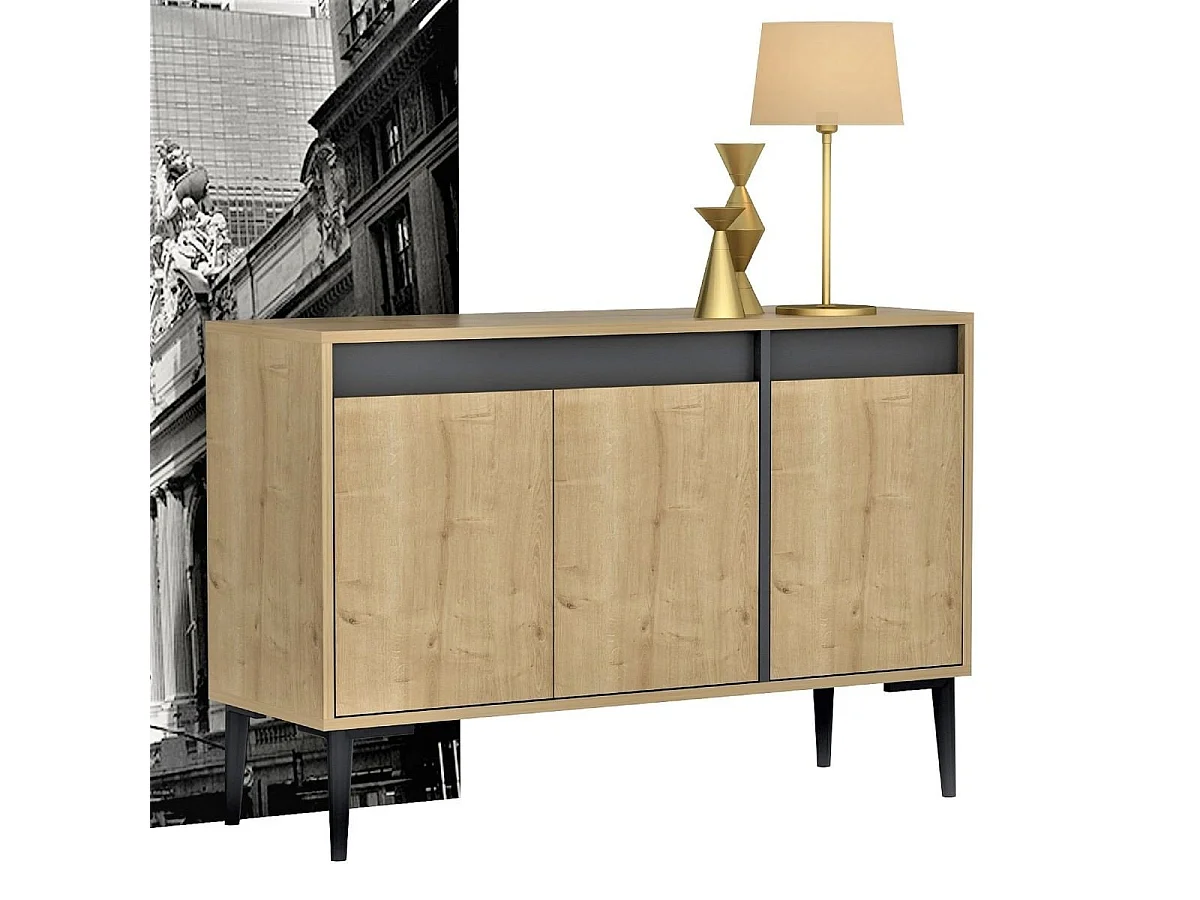 Buffet 3 portes décor chêne et gris anthracite L120 cm - Asude
