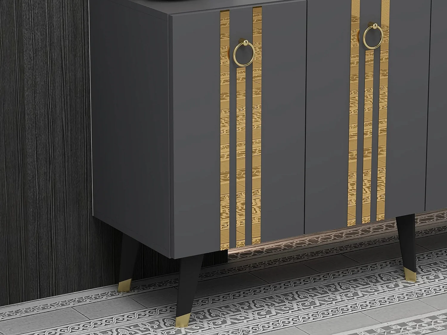 Buffet Gody L150xH80cm Anthracite et Effet miroir Or