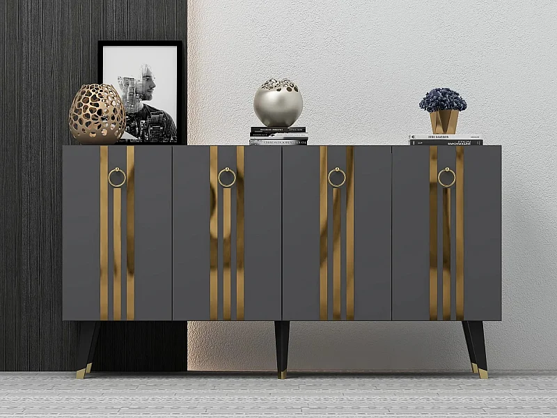 Aparador – 150cm x 80cm x 40cm – Antracite e Dourado – Painel de partículas revestido a melamina