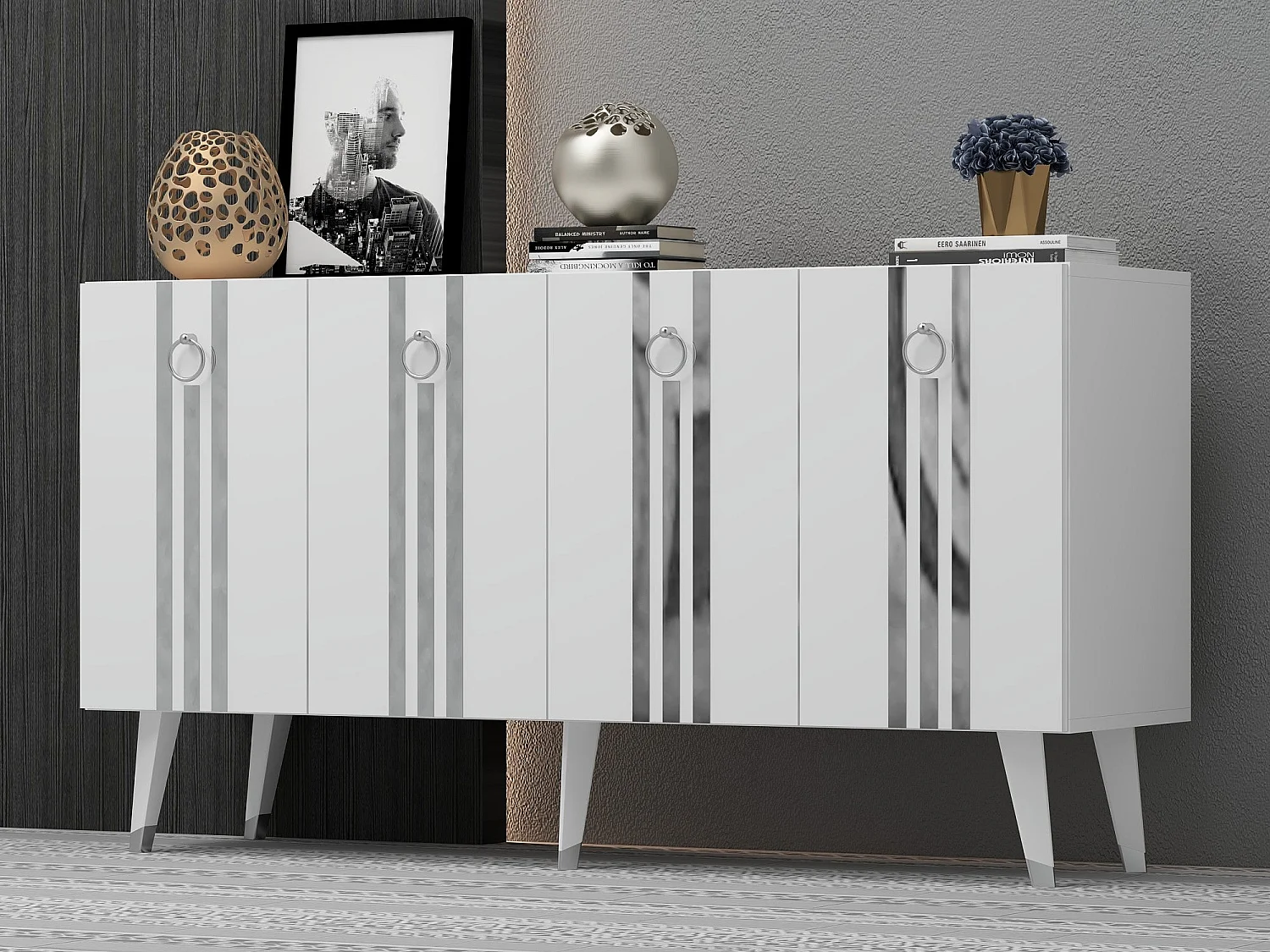 Aparador – 150 cm x 80 cm x 40 cm – Branco e Prata – Painéis de partículas revestidos a melamina